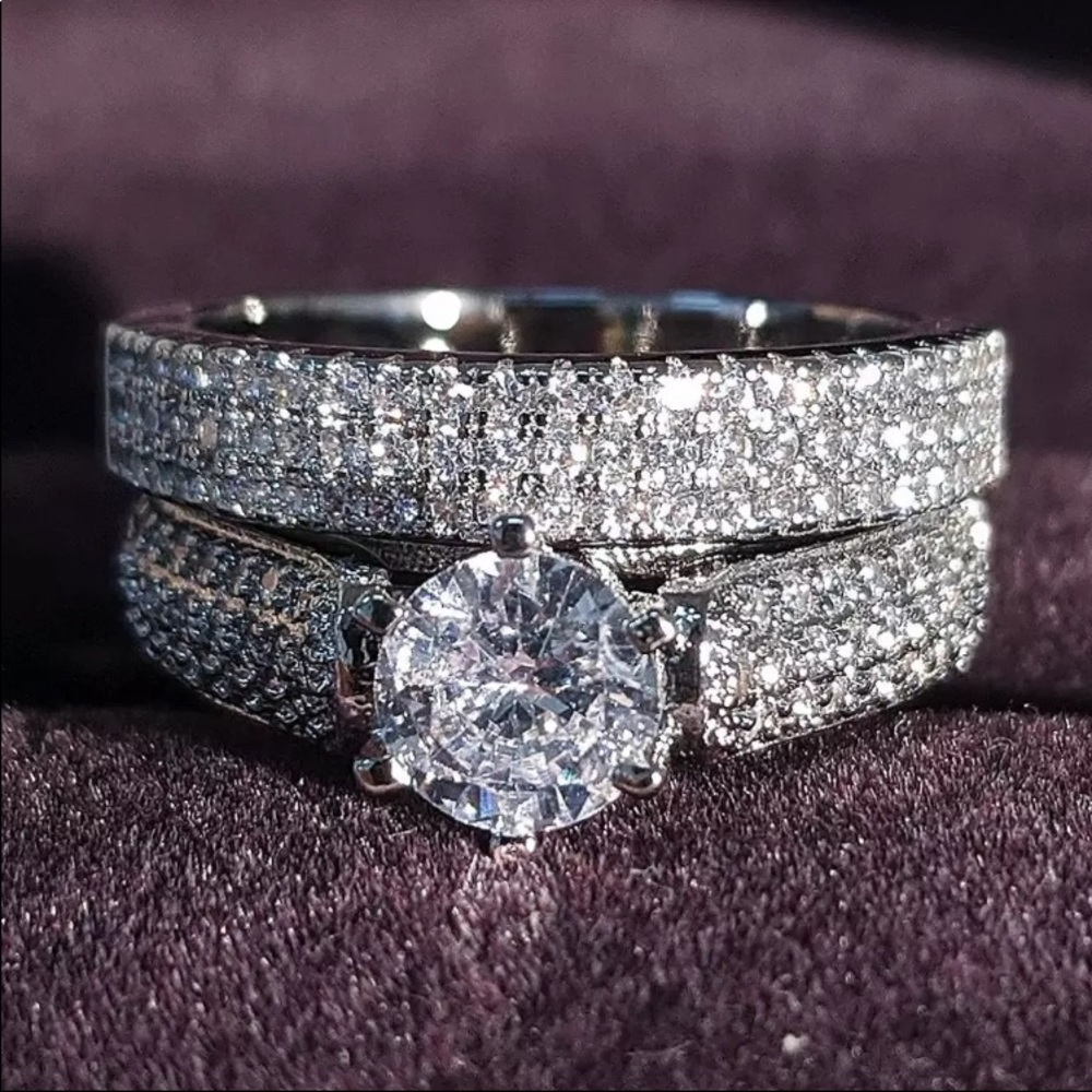 2PC 925 STERLING SILVER CUBIC ZIRCON SET RING + BAND - Picture 4 of 6